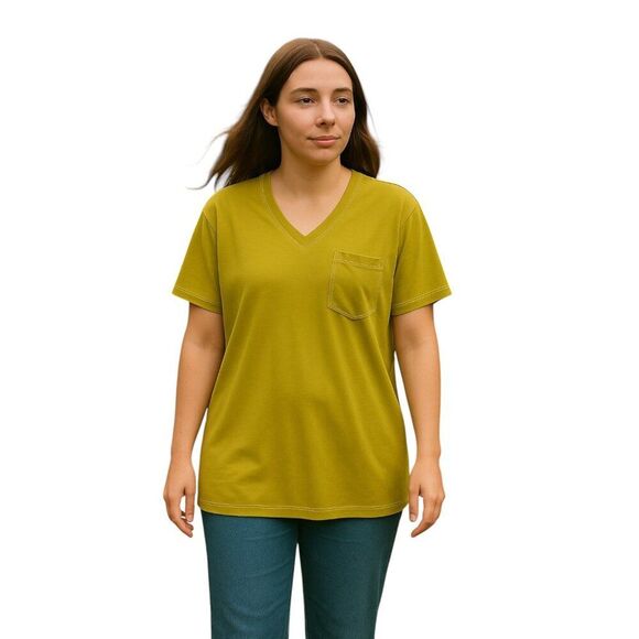 NEW POL Relaxed Fit Green T-Shirt | V-Neck Pocket Silky Comfy | Oversized Small - Picture 1 of 14